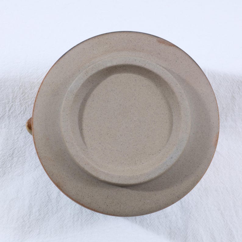 May include: A ceramic plate with a speckled, tan surface. The plate has a raised, circular center and a wide, flat rim. The rim and the edge of the plate are a darker brown color. The plate is likely handmade.