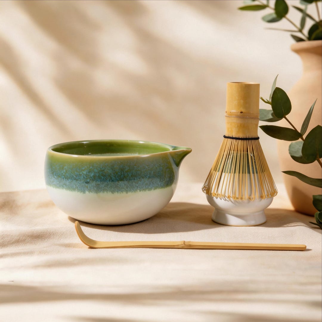 Handmade Green Gradient Matcha Bowl Set With Pour Spout,layered Glaze ...
