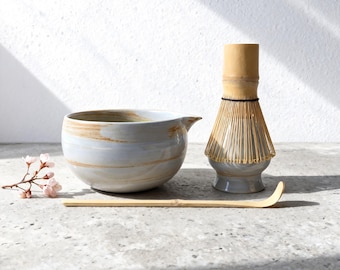 Japanese Handmade Matcha Bowl with Subtle Horizontal Texture, Smooth Pour Spout, Ceramic Tea Set for Tea Lovers & Daily Rituals