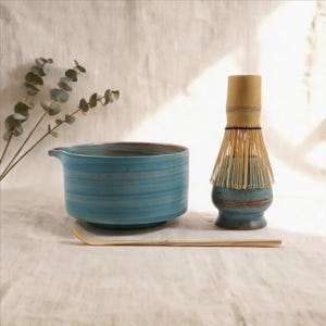 Blue Ceramic Matcha Bowl Set with Spout, Zen Hand Glazed Chawan, Minimalist Japanese Tea Ceremony Kit, Rustic Matcha Set,Bamboo Whisk Holder