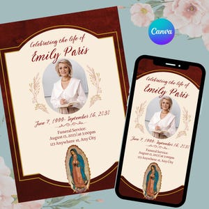 May include: A memorial card and a smartphone display a design for Emily Paris. The design includes a photo, dates, and service details. The text reads "Celebrating the life of Emily Paris." The card has a burgundy border and a cream-colored interior.