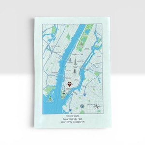 May include: A map of Manhattan, New York City, with a pin marking a location near the bottom of the island. The map includes the date 10/01/2025, and the coordinates 40.7128° N, 74.0060° W, with the text "New York City Hall".