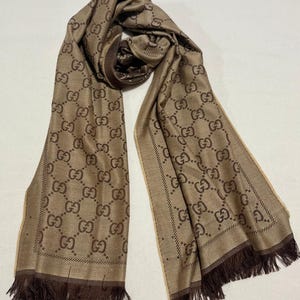 Vintage Gucci Monogram Wool Silk Scarf Brown Beige GG Pattern