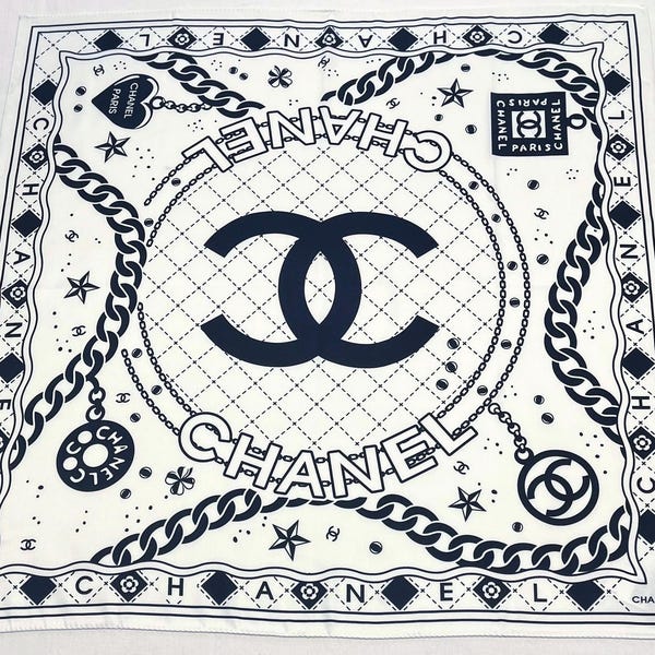 Vintage Pre-Loved Chanel Silk Scarf 90x90 – Black White CC Chain Print, Classic Logo Square Scarf, Luxury Designer Gift