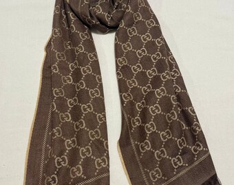 Vintage Gucci Monogram Wool Silk Scarf Brown Beige GG Pattern