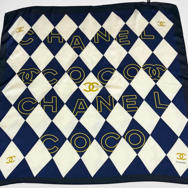 Vintage Chanel Silk Scarf 70x70 – Navy Blue & Ivory CC Logo Diamond Print – Elegant Designer Square Scarf – Luxury Gift for Her