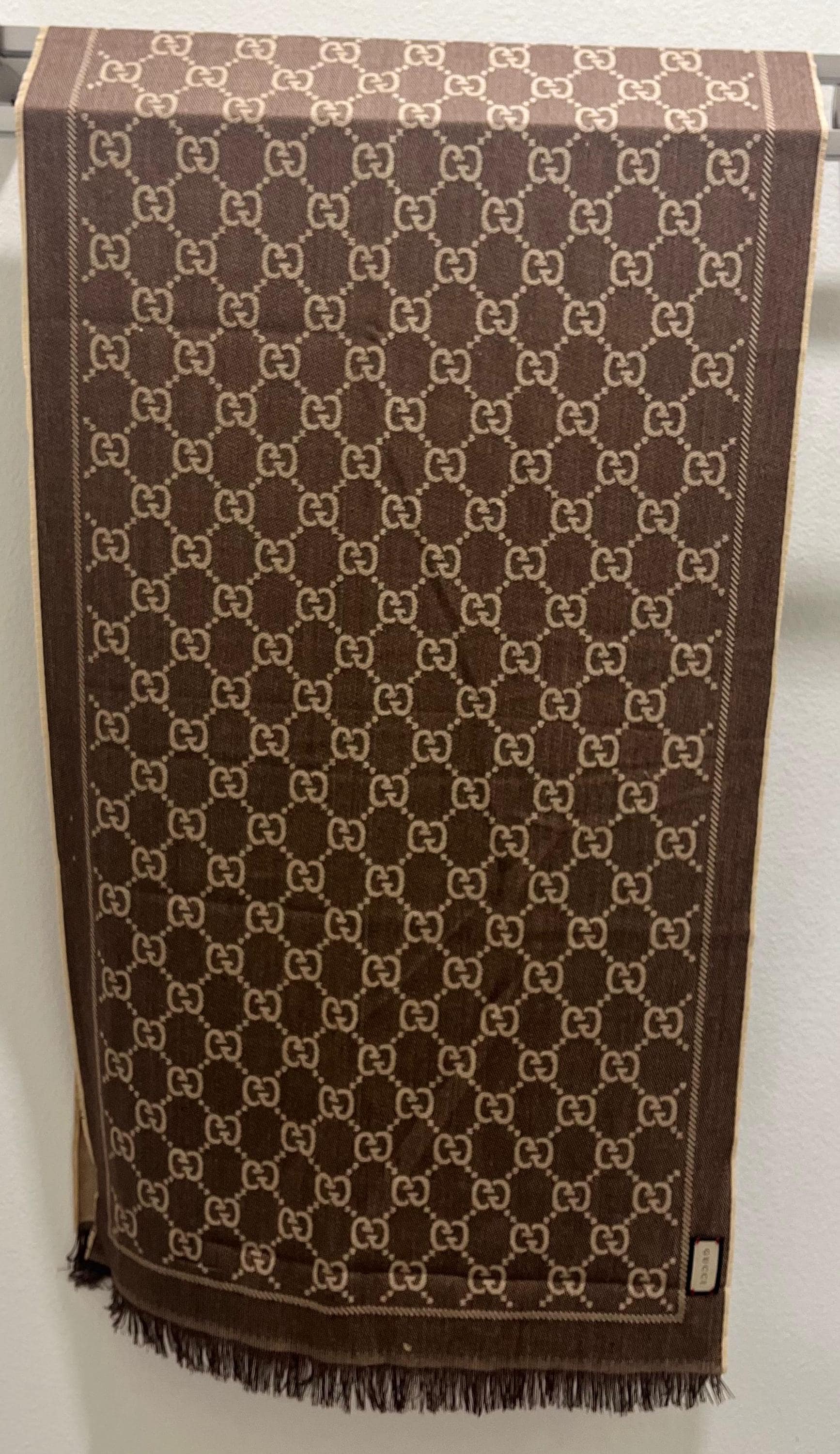 Vintage Gucci Monogram Wool Silk Scarf Brown Beige GG Pattern
