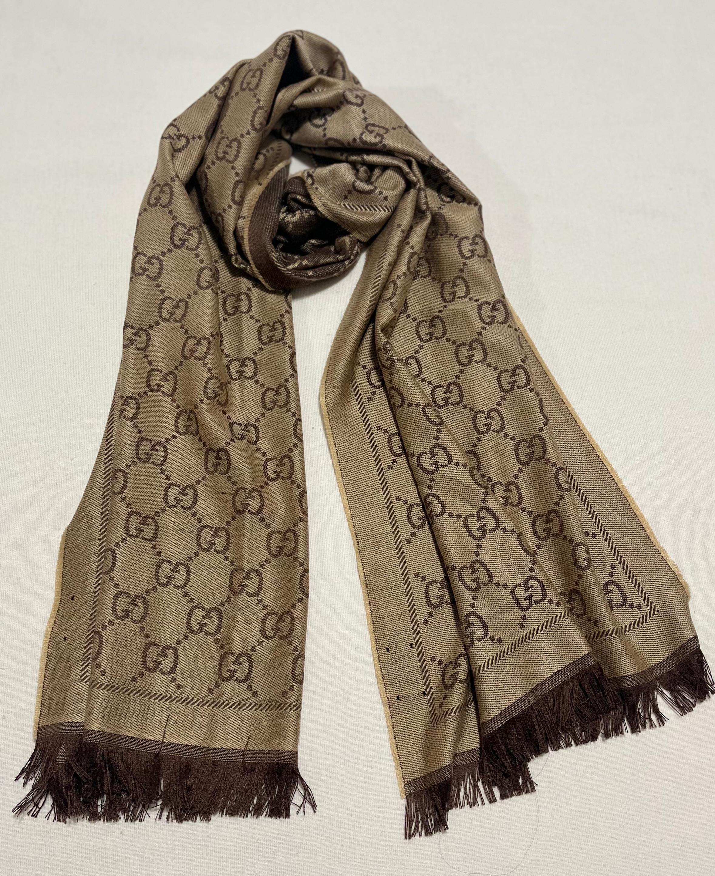 Vintage Gucci Monogram Wool Silk Scarf Brown Beige GG Pattern
