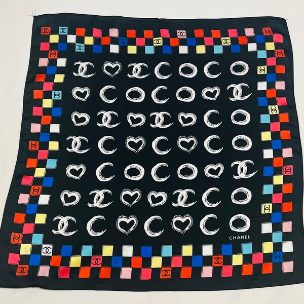 Vintage Chanel Silk Scarf 70x70 Black CC & Heart Pattern | Multicolor Border | Designer Silk Square | Elegant Luxury Gift