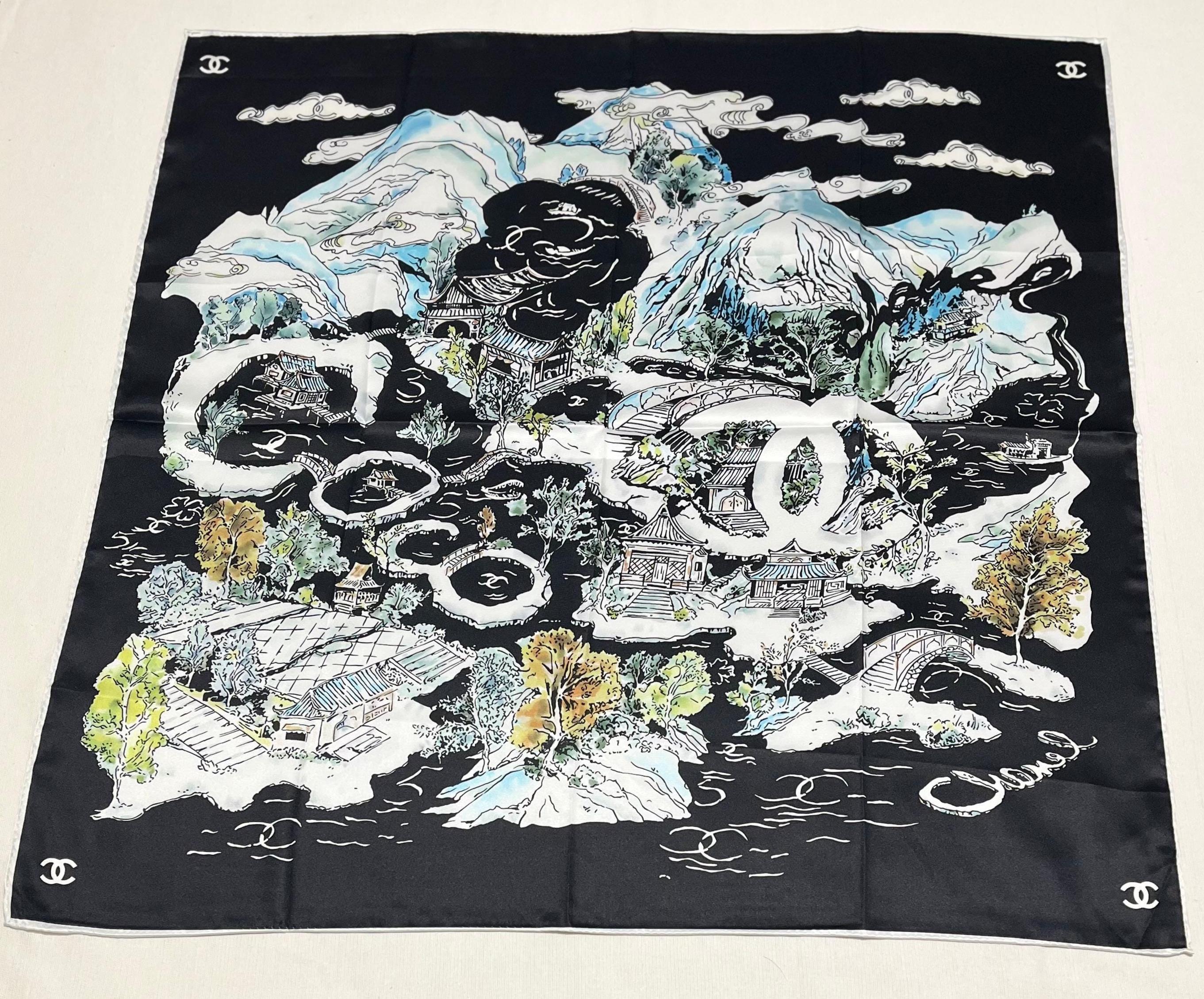 90s CHANEL シャネル スカーフ Vintage Pre-loved Chanel 90x90 Silk Scarf – Black Landscape Print