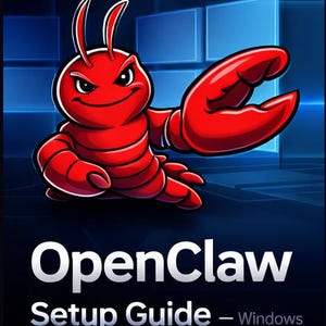 Può includere: Un'aragosta rossa brillante dei cartoni animati, con un'espressione severa e grandi chele, è raffigurata su uno sfondo blu scuro. Il testo bianco recita "OpenClaw Setup Guide - Windows", suggerendo una guida software.