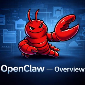 Può includere: Illustrazione a cartoni animati di un'aragosta rossa con un'espressione severa e grandi chele. L'aragosta è ambientata su uno sfondo blu con una rete di linee e forme bianche. Il testo "OpenClaw - Overview" è visualizzato in bianco in basso.