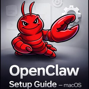 Può includere: Illustrazione a cartoni animati di un'aragosta rossa con un'espressione minacciosa e una chela alzata. Il testo "OpenClaw Setup Guide - macOS" è visualizzato sotto l'aragosta in bianco su sfondo scuro. L'immagine ha un effetto sfumato.