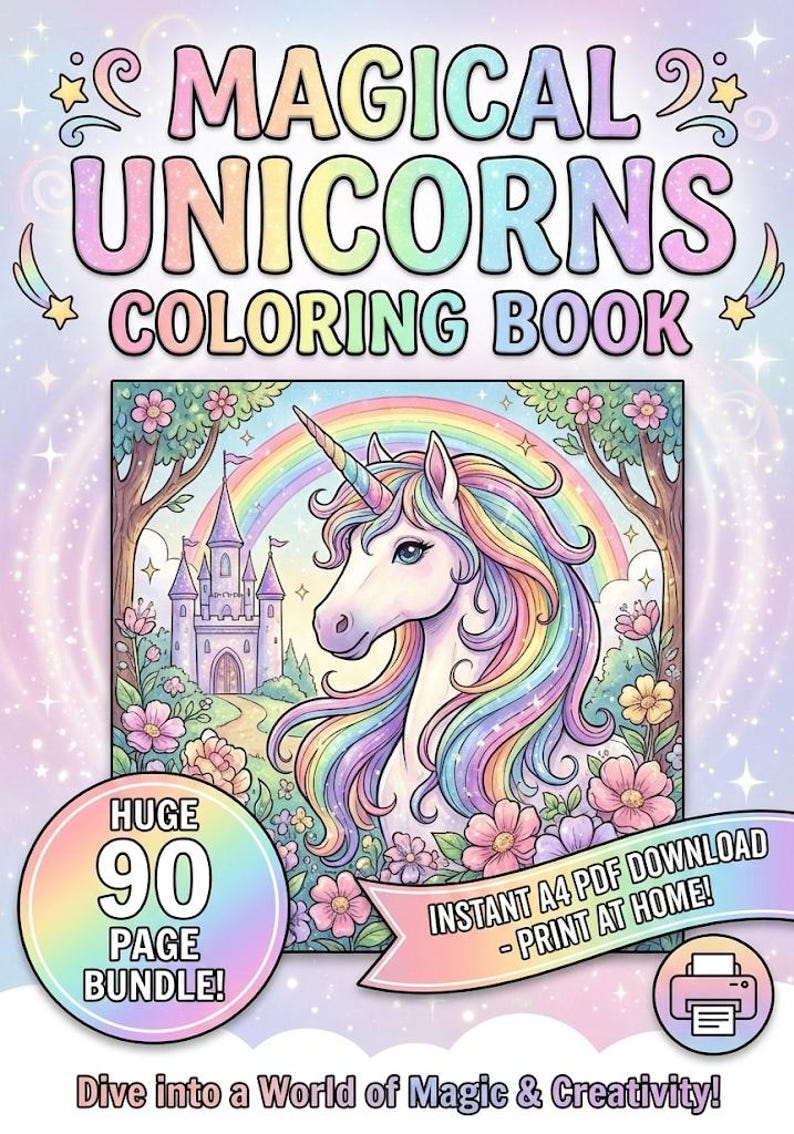90 Page Unicorn Coloring Book for Kids - Fantasy Animal Activity Pages ...