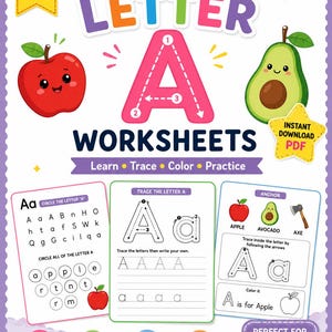 May include: A colorful educational worksheet for ages 3-5, featuring the letter "A". Includes tracing, coloring, and letter recognition activities. The design incorporates cute illustrations of an apple and avocado.
