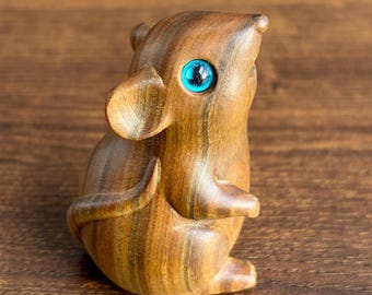 Wooden Mouse Figurine,Green Sandalwood Carving,Cartoon Anime Home Decor