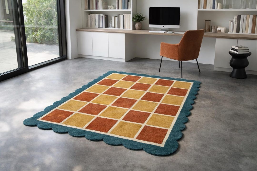 Hand Tufted Checkered Area Rug, Modern Living Room Rug, Scalloped Edge ...