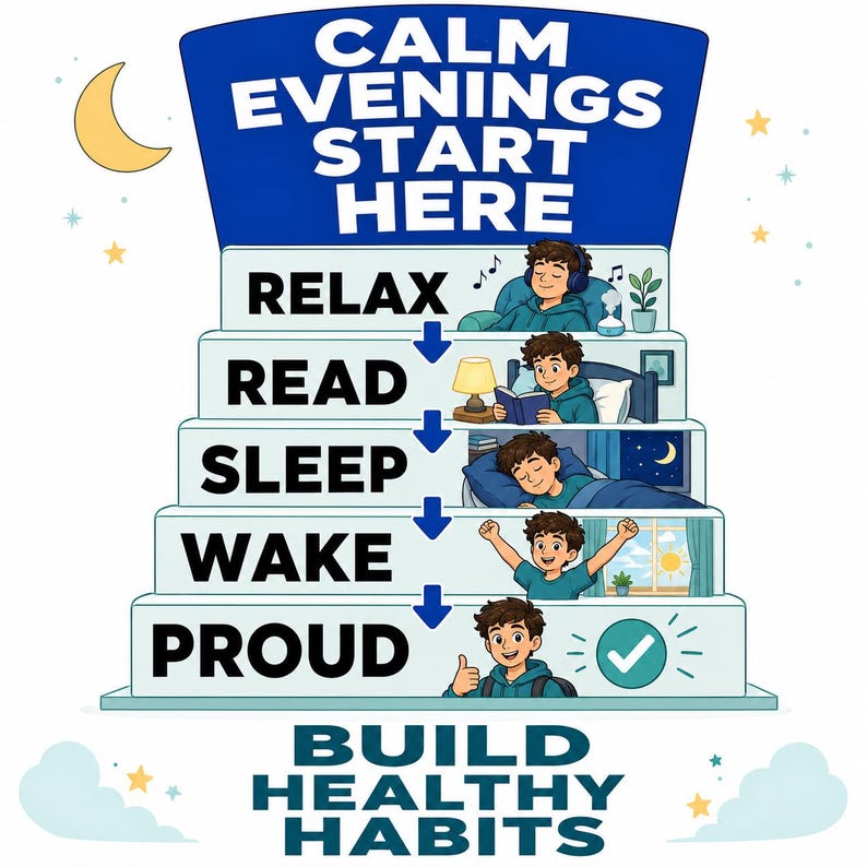 May include: A graphic illustration featuring a blue staircase with the text CALM EVENINGS START HERE and BUILD HEALTHY HABITS. Five steps show a person performing the actions RELAX, READ, SLEEP, WAKE, and PROUD, with blue arrows indicating the sequence.