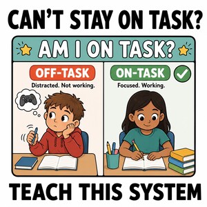 Könnte beinhalten: Ein zweiteiliges Lernposter mit der Überschrift CAN'T STAY ON TASK? AM I ON TASK? Die linke Seite zeigt ein Kind im roten Kapuzenpullover mit der Aufschrift OFF-TASK, abgelenkt durch einen Gamecontroller. Die rechte Seite zeigt ein Kind im grünen T-Shirt mit der Aufschrift ON-TASK, konzentriert beim Schreiben in ein Notizbuch. Unten steht der Text TEACH THIS SYSTEM.