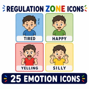 May include: A vibrant illustration showing four emotion icons: tired, happy, yelling, and silly. Each icon features a cartoon child expressing a different emotion. The text "REGULATION ZONE ICONS" and "25 EMOTION ICONS" are also displayed.