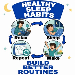 May include: A circular infographic titled Healthy Sleep Habits with the text Build Better Routines. It features four illustrations showing a person relaxing with a book, sleeping in bed, waking up, and marking a calendar to repeat the cycle.