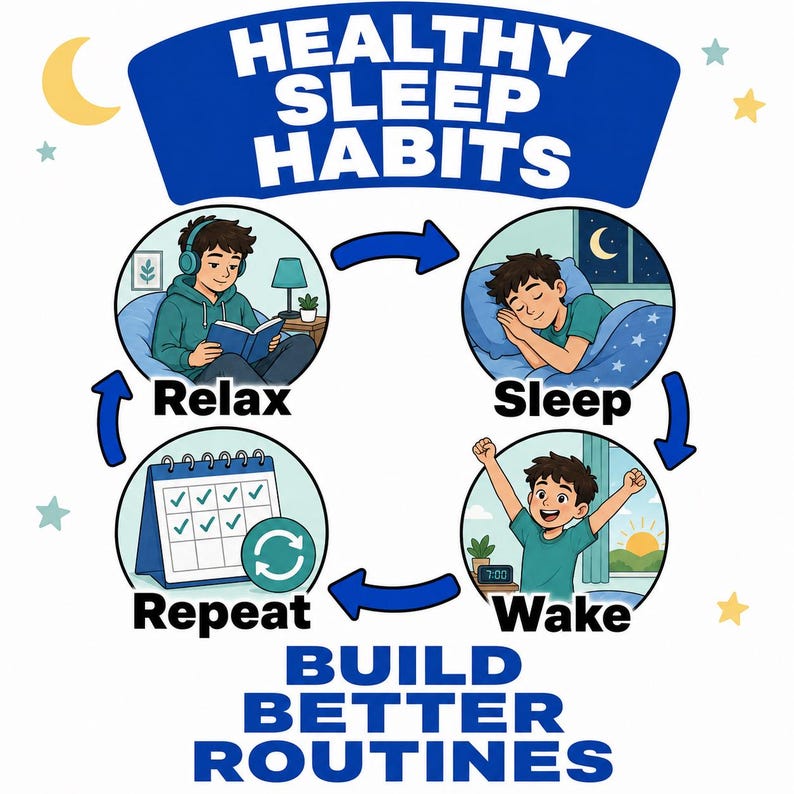 May include: A circular infographic titled Healthy Sleep Habits with the text Build Better Routines. It features four illustrations showing a person relaxing with a book, sleeping in bed, waking up, and marking a calendar to repeat the cycle.