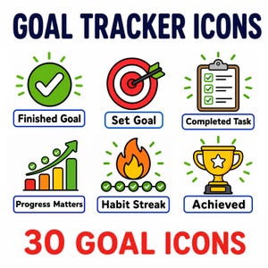 Goal Tracker Icons for Kids | 30 Goal Setting and Progress Chart Clipart PNG | Habit Tracking & Motivation Tools