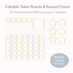 May include: White token boards and reward charts with blue, orange, and green outlines. The text reads "Editable Token Boards & Reward Charts" and "SEL Reinforcement & Behavior Support Templates." The image includes multiple layouts.