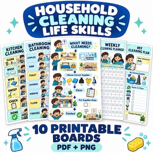 Może przedstawiać: Zestaw pięciu tablic edukacyjnych zatytułowanych Household Cleaning Life Skills, zawierających rysunkowe ilustracje dziecka wykonującego prace domowe. Tablice zawierają listy kontrolne do sprzątania kuchni i łazienki oraz tygodniowy planer.
