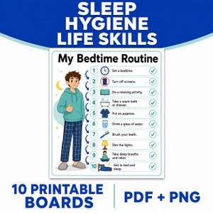 May include: A printable educational chart titled My Bedtime Routine featuring a list of ten steps with icons and checkmarks. The steps include setting a bedtime, turning off screens, reading, bathing, pajamas, water, brushing teeth, dimming lights, breathing, and sleeping.