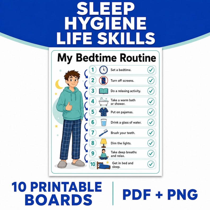 May include: A printable educational chart titled My Bedtime Routine featuring a list of ten steps with icons and checkmarks. The steps include setting a bedtime, turning off screens, reading, bathing, pajamas, water, brushing teeth, dimming lights, breathing, and sleeping.