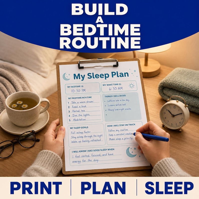 May include: A clipboard holding a My Sleep Plan document with handwritten entries for bedtime, wake time, routine, and goals. The paper features blue text and moon icons. A blue pen is held over the page, which is filled with written notes.