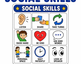 May include: A social skills educational chart featuring nine illustrated squares with text labels: Listen, Share, Take Turns, Raise Hand, Be Kind, Use Kind Words, Personal Space, Wait Patiently, and Look at Speaker, with the title Social Skills.