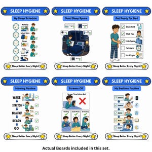 May include: A set of six educational posters titled SLEEP HYGIENE with the footer Sleep Better Every Night. The charts feature illustrations and checklists for daily routines including sleep schedules, bedroom environments, and morning and bedtime habits.