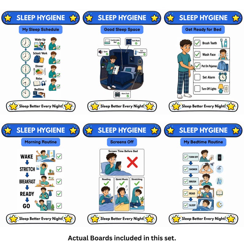May include: A set of six educational posters titled SLEEP HYGIENE with the footer Sleep Better Every Night. The charts feature illustrations and checklists for daily routines including sleep schedules, bedroom environments, and morning and bedtime habits.