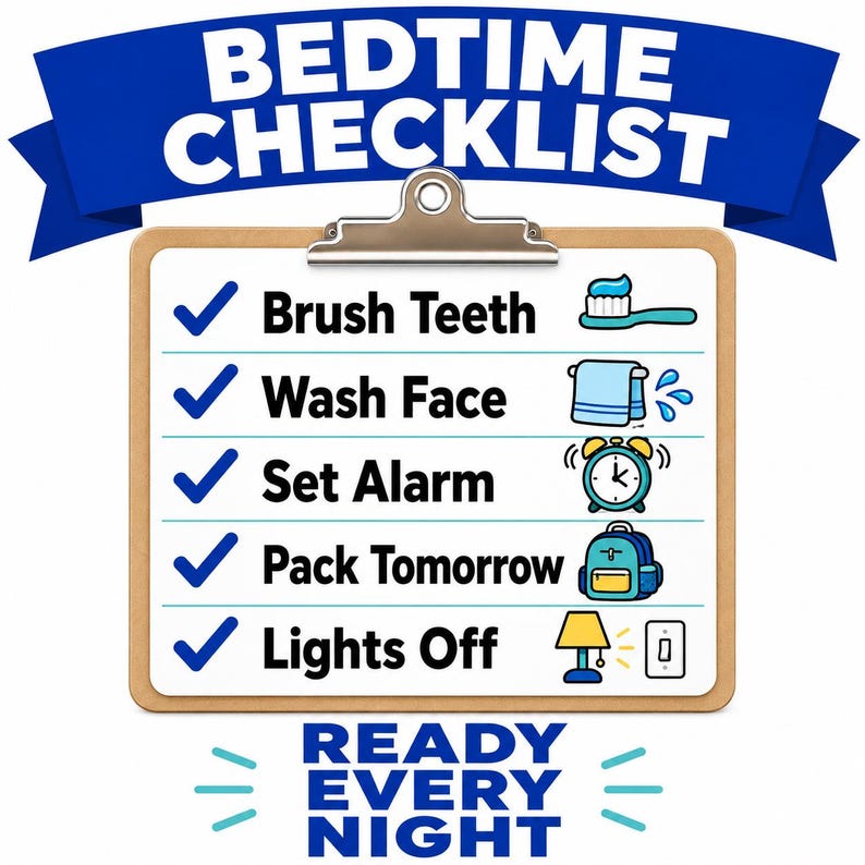 May include: A clipboard with a blue banner at the top reading BEDTIME CHECKLIST and text at the bottom reading READY EVERY NIGHT. The list includes Brush Teeth, Wash Face, Set Alarm, Pack Tomorrow, and Lights Off, each with a blue checkmark and icon.