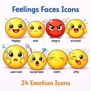 Iconos de caras de emociones / 24 imágenes prediseñadas de emojis de emociones / Iconos PNG para el aula de aprendizaje socioemocional (SEL)