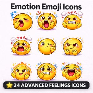 Puede incluir: Una colección de nueve iconos emoji amarillos, cada uno representando una emoción diferente. Los emojis muestran expresiones de sueño, sorpresa, ira, guiño y alegría. El texto en la parte superior dice "Emotion Emoji Icons" y el texto en la parte inferior dice "24 ADVANCED FEELINGS ICONS".