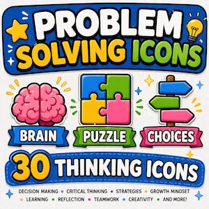 Puede incluir: Un gráfico colorido con el texto "PROBLEM SOLVING ICONS" y "30 THINKING ICONS". La imagen presenta ilustraciones de un cerebro, piezas de rompecabezas y flechas direccionales, con texto de apoyo que incluye "BRAIN", "PUZZLE" y "CHOICES".