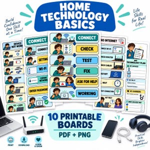 May include: A set of 10 printable educational boards titled Home Technology Basics, featuring illustrated steps for troubleshooting internet and device issues. The boards include text prompts like Connect, Check, Test, Fix, and Ask for Help, alongside icons for Wi-Fi, routers, and cables, presented in a colorful, clear graphic design format.