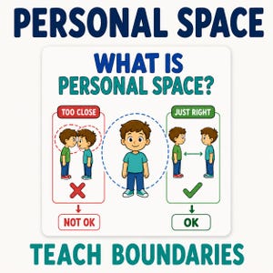 Puede incluir: Un póster educativo titulado PERSONAL SPACE WHAT IS PERSONAL SPACE? TEACH BOUNDARIES. Presenta ilustraciones de una persona con camiseta azul y pantalones azules, mostrando TOO CLOSE con una X roja y NOT OK, y JUST RIGHT con un check verde y OK.