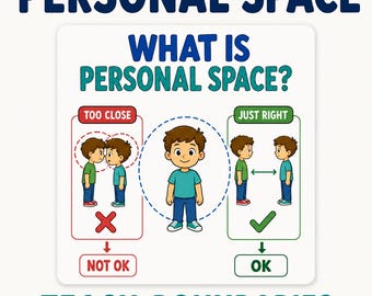 May include: An educational poster titled PERSONAL SPACE WHAT IS PERSONAL SPACE? TEACH BOUNDARIES. It features illustrations of a person in a blue shirt and blue pants, showing TOO CLOSE with a red X and NOT OK, and JUST RIGHT with a green check and OK.