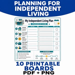 Könnte beinhalten: Ein druckbares Planungsboard mit dem Titel My Independent Living Plan mit Abschnitten für Wohnen, Alltag, Finanzen, Arbeit und Gemeinschaft. Es enthält Spalten für Ziele, Handlungsschritte, Kontrollkästchen, eine Checkliste und eine Fortschrittsanzeige.