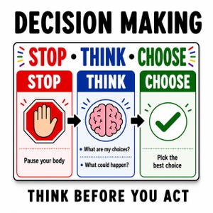 May include: A rectangular educational poster titled DECISION MAKING with the text THINK BEFORE YOU ACT. It features three sections: STOP with a red stop sign icon, THINK with a pink brain icon, and CHOOSE with a green checkmark icon.