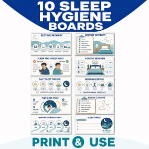 May include: A set of 10 sleep hygiene boards featuring educational charts and checklists with illustrations of bedtime routines, sleep cycles, and healthy habits. The text includes titles like Bedtime Pathway, Bedtime Checklist, and Sleep Goals.