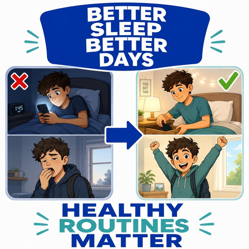 May include: An infographic titled BETTER SLEEP BETTER DAYS and HEALTHY ROUTINES MATTER. It shows a person using a phone in bed at night with a red X, contrasted with a person putting a phone away and waking up energized with a green check mark.