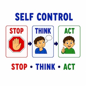 May include: A self-control educational chart featuring three rectangular panels. The first shows a red stop sign with a hand, the second a person thinking, and the third a person giving a thumbs up. Text reads: SELF CONTROL, STOP, THINK, ACT.