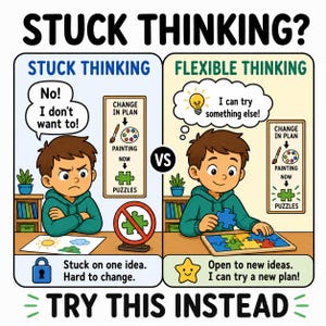 May include: An educational infographic comparing stuck thinking and flexible thinking. The left side shows a frustrated person with a drawing and a no-puzzle sign. The right side shows a happy person assembling a puzzle with a lightbulb thought bubble.