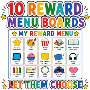 Puede incluir: Un tablero de menú de recompensas rectangular con el texto 10 REWARD MENU BOARDS y LET THEM CHOOSE en colores arcoíris. La cuadrícula muestra quince iconos coloridos con etiquetas como Extra Playtime, Art Time, Movie Time y Free Choice.