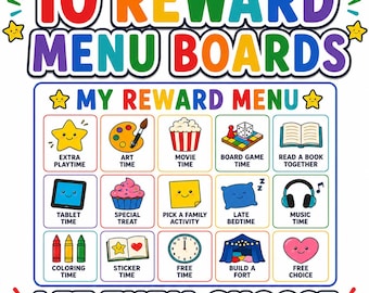 May include: A rectangular reward menu board featuring the text 10 REWARD MENU BOARDS and LET THEM CHOOSE in rainbow colors. The grid displays fifteen colorful icons with labels including Extra Playtime, Art Time, Movie Time, and Free Choice.